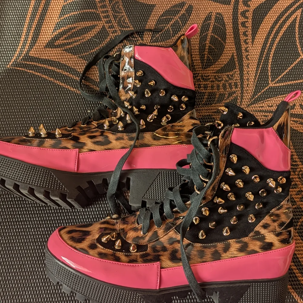 Studded Leopard Print High-Top Sneakers - Picture 1 of 4